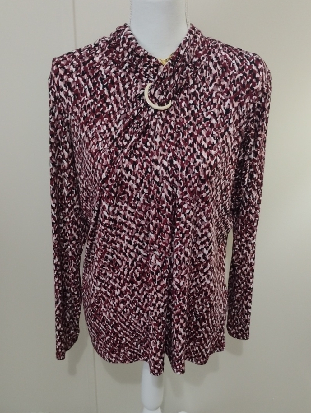 Liz Claiborne Burgundy Pink Patterned Twist-Neck Long Sleeve Top